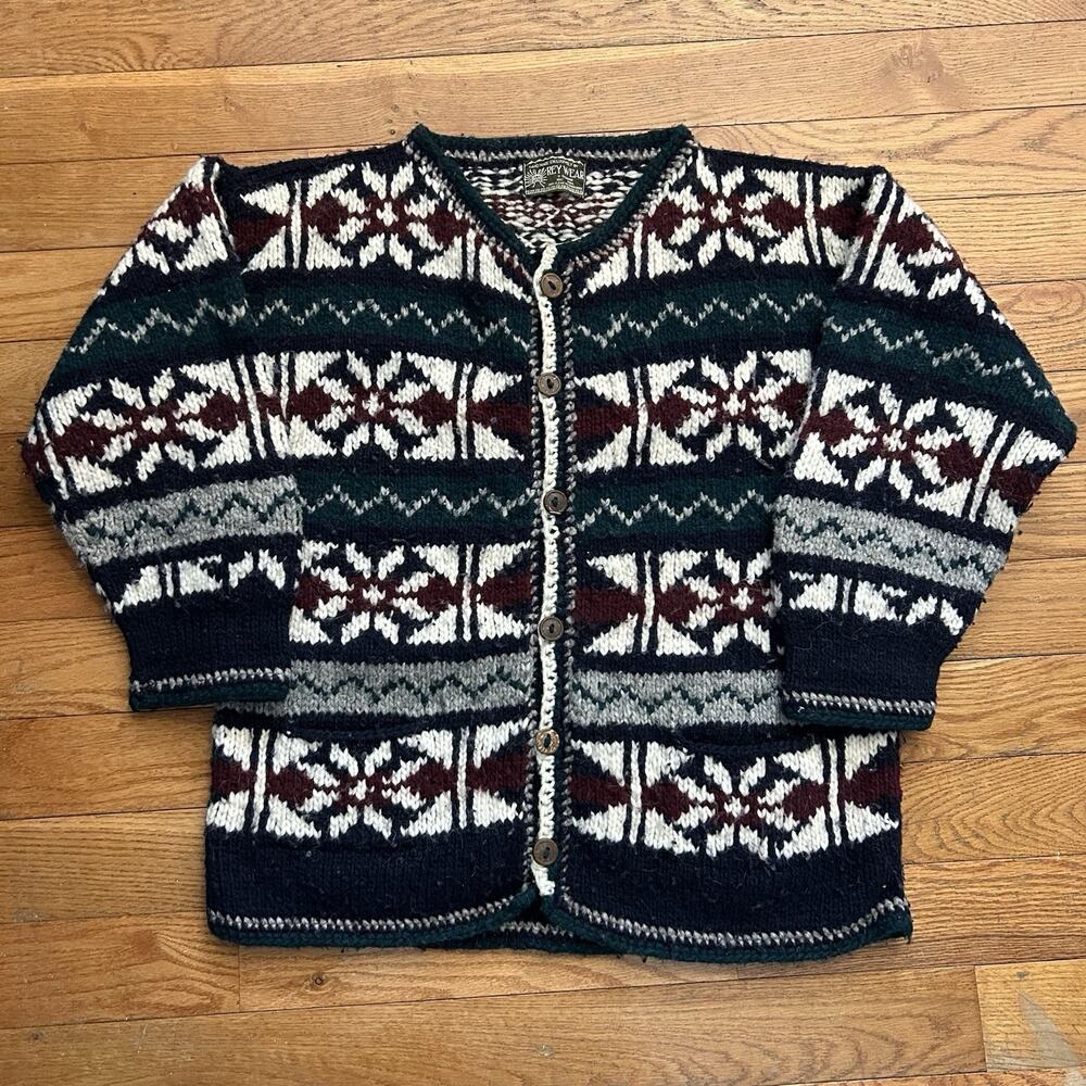 Vintage Rey Wear Heavy Knit Wool Fair Isle Cardigan Sweater Large